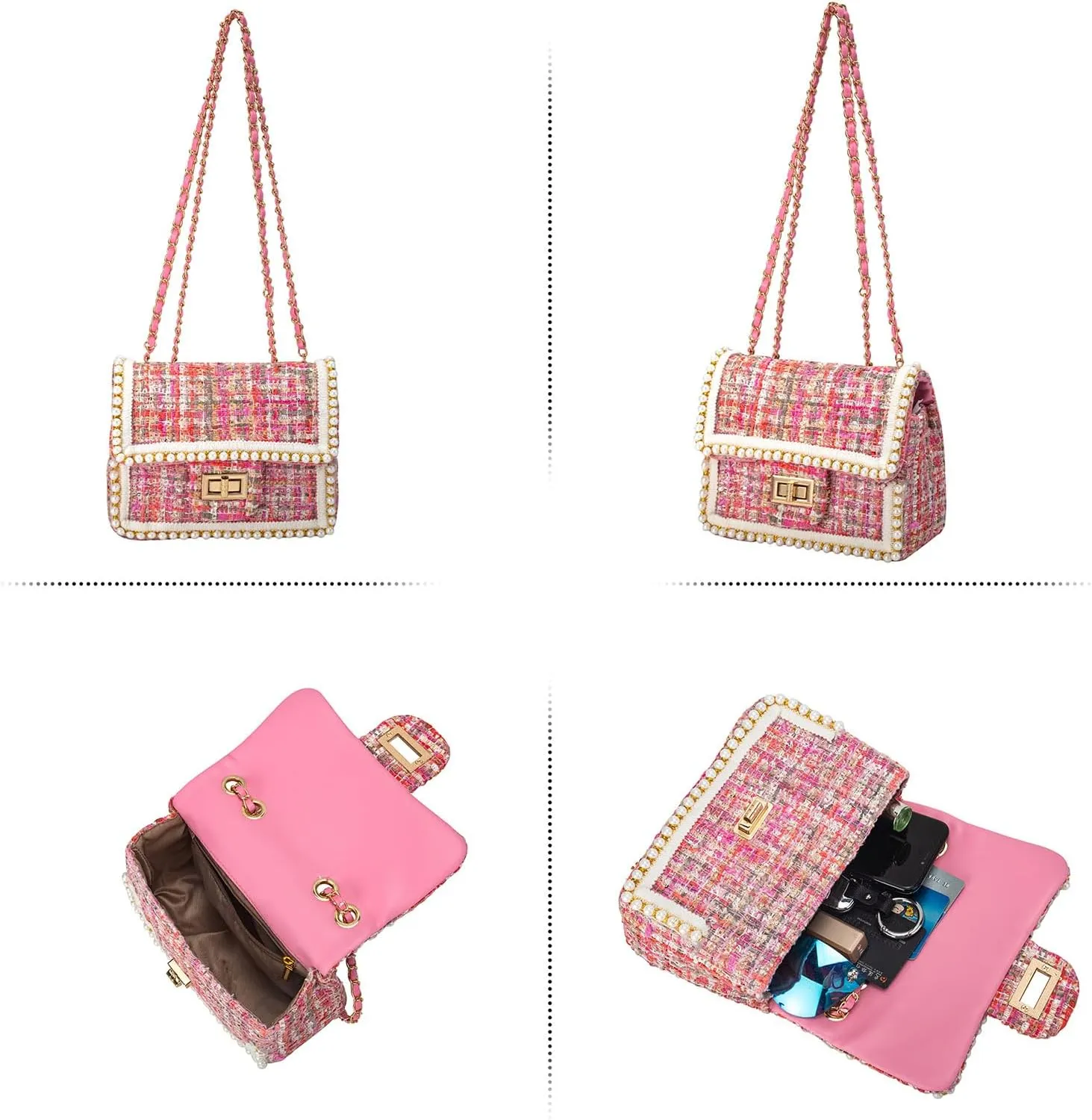 Crossbody Bag Clutch for Women Small Handbag Vintage Tweed Pearl Chain Purse Evening Satchel Shoulder Bag Cross body