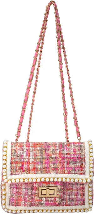 Crossbody Bag Clutch for Women Small Handbag Vintage Tweed Pearl Chain Purse Evening Satchel Shoulder Bag Cross body