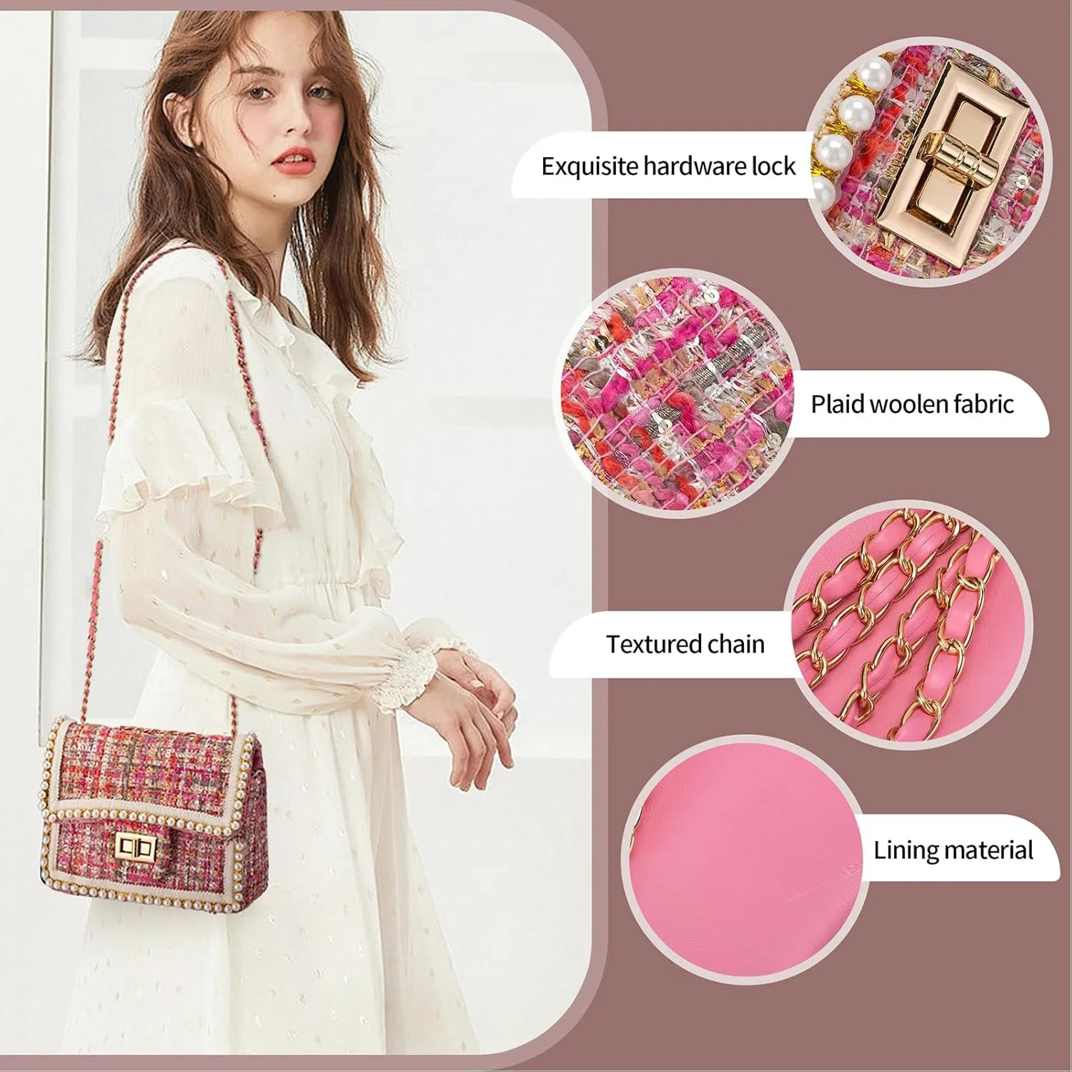 Crossbody Bag Clutch for Women Small Handbag Vintage Tweed Pearl Chain Purse Evening Satchel Shoulder Bag Cross body