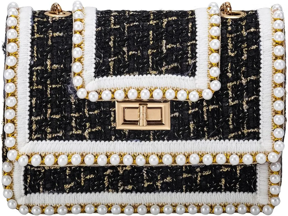 Crossbody Bag Clutch for Women Small Handbag Vintage Tweed Pearl Chain Purse Evening Satchel Shoulder Bag Cross body