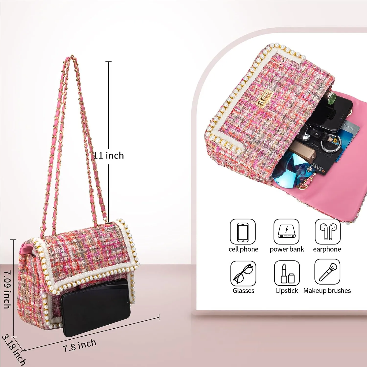 Crossbody Bag Clutch for Women Small Handbag Vintage Tweed Pearl Chain Purse Evening Satchel Shoulder Bag Cross body