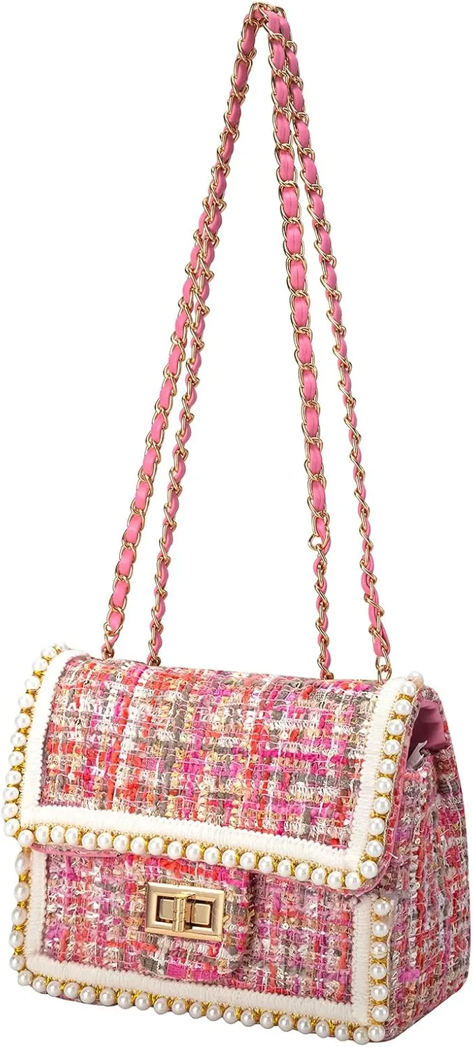 Crossbody Bag Clutch for Women Small Handbag Vintage Tweed Pearl Chain Purse Evening Satchel Shoulder Bag Cross body