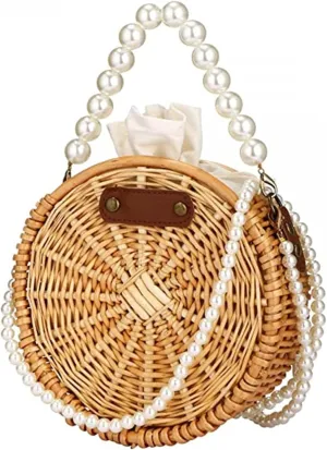 Crossbody Bags for Women Beach Straw Purse Lightweight Fashion Pearl Shoulder Bag Retro Straw Summer Basket Purse