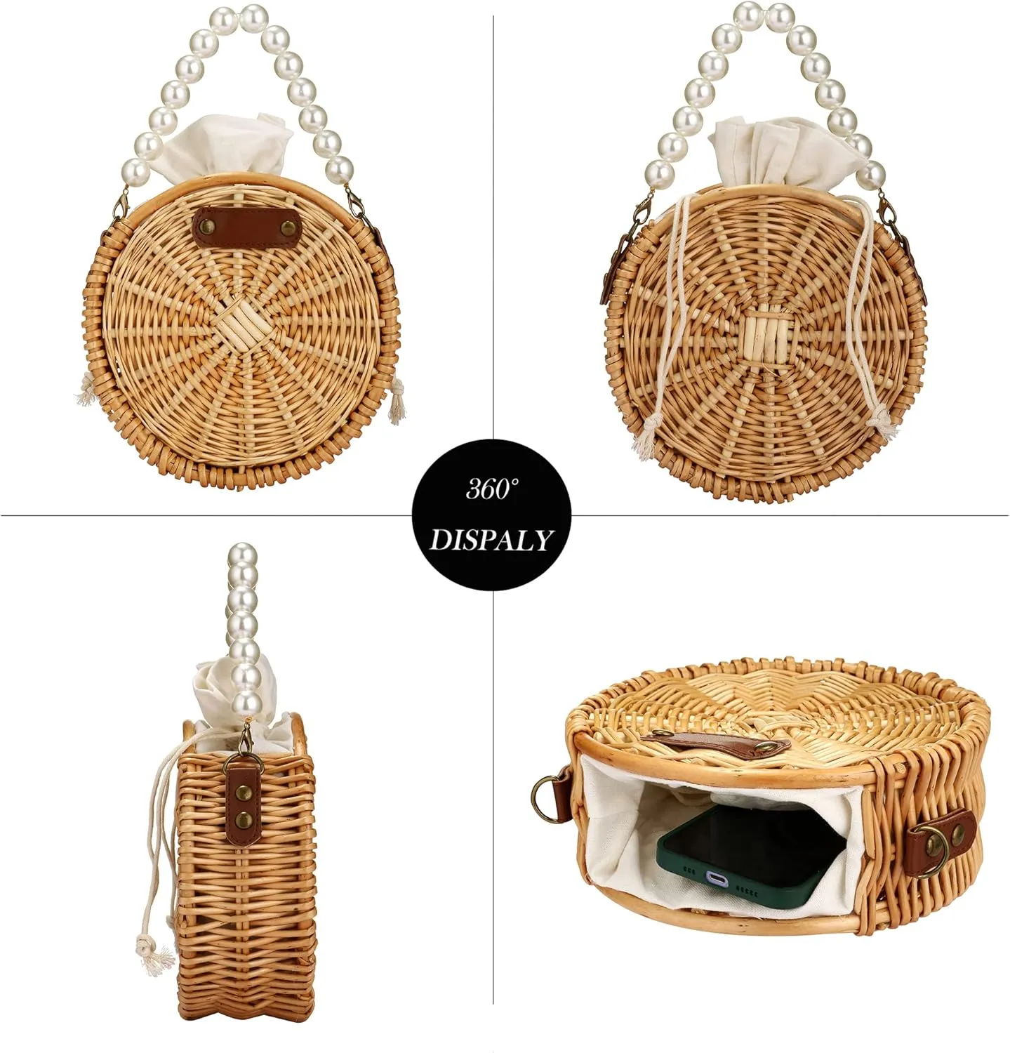 Crossbody Bags for Women Beach Straw Purse Lightweight Fashion Pearl Shoulder Bag Retro Straw Summer Basket Purse