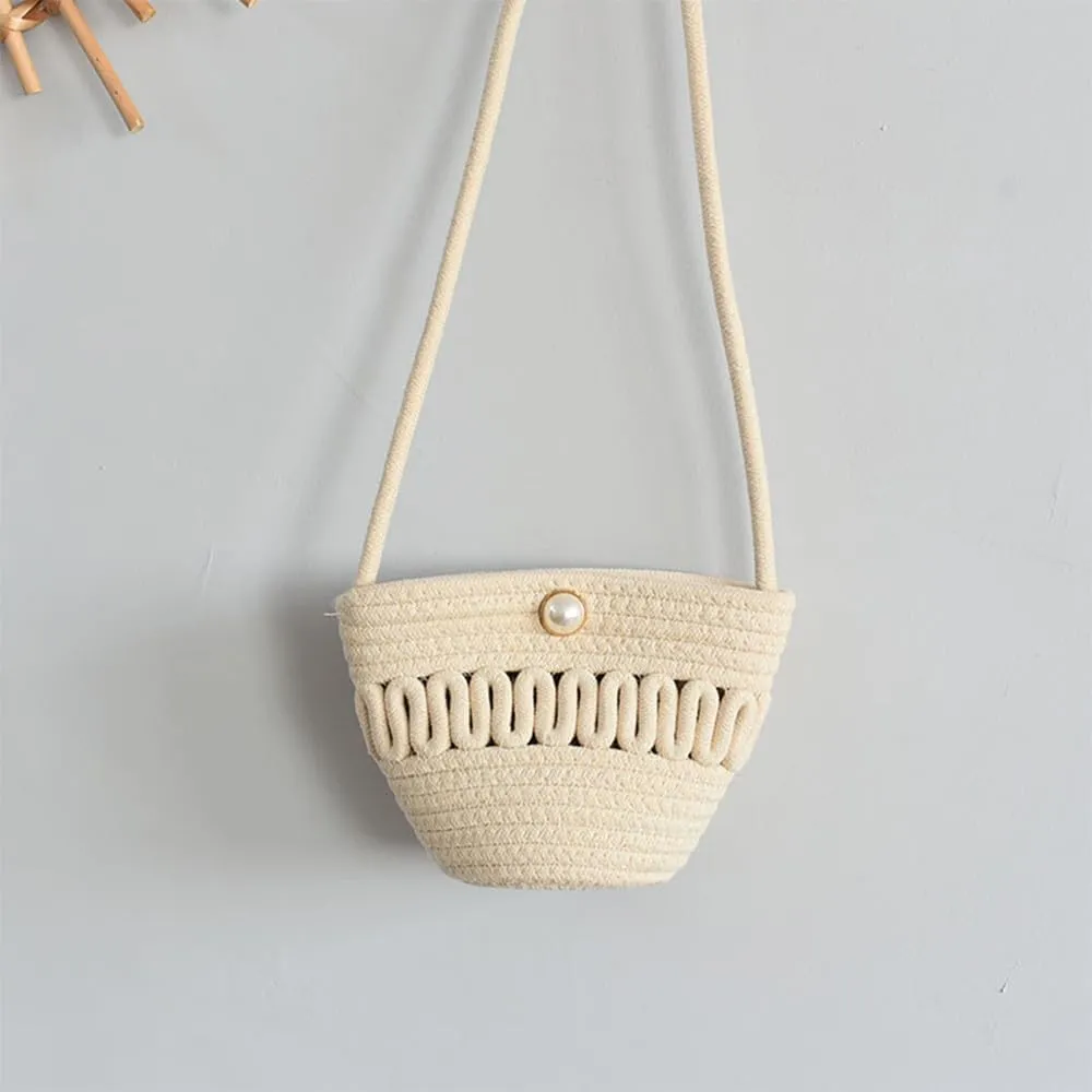 Crossbody Bags for Women Pearl Magnetic Closure Shoulder Purses for Women Hand-Woven Wallet Cotton Travel Bag