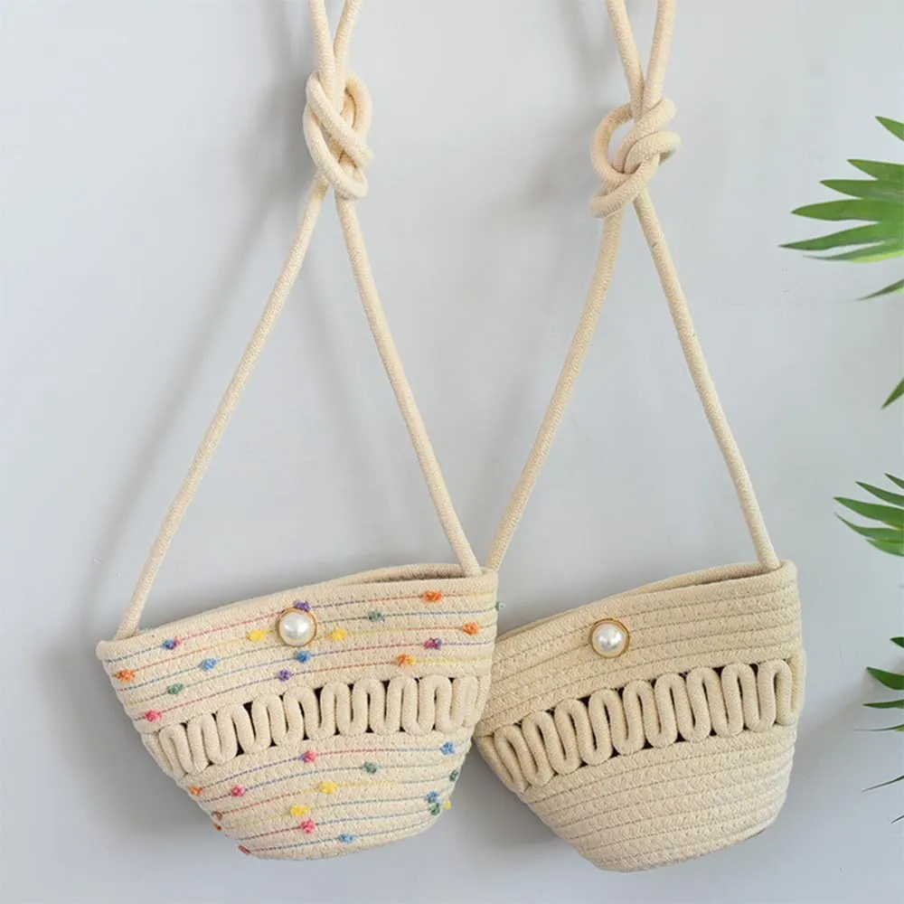 Crossbody Bags for Women Pearl Magnetic Closure Shoulder Purses for Women Hand-Woven Wallet Cotton Travel Bag