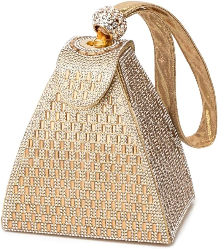 Crystal Pyramid Handbag for Women - Elegant Rhinestones Evening Triangle Handbag for Brides - Made of Premium Vegan & Cruelty-free Leather for Wedding, Proms and Tea Parties - Gold