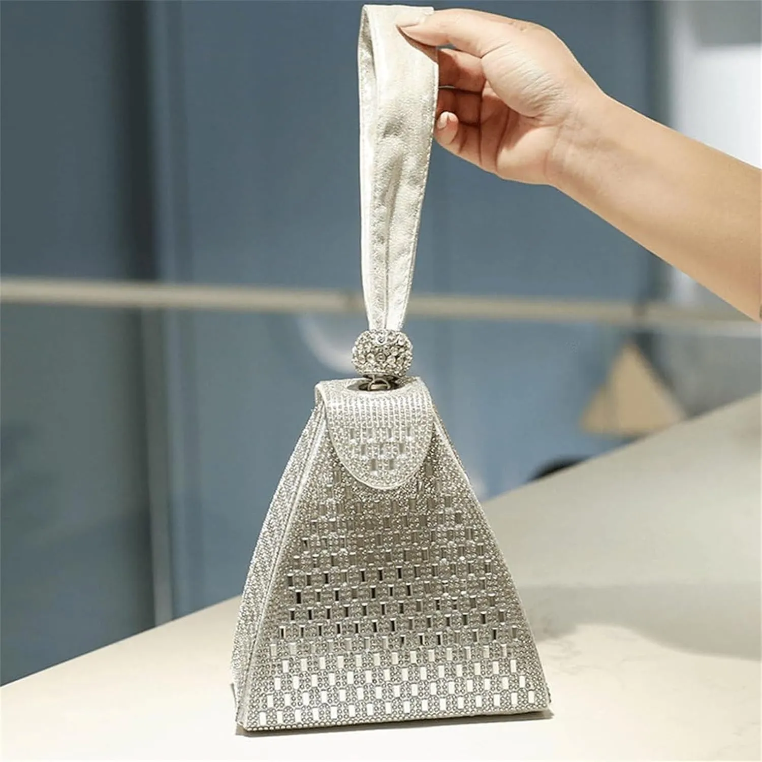 Crystal Pyramid Handbag, Women's Evening Bag, Pyramid Shape Rhinestones Luxury Evening Bags, Green Clutch