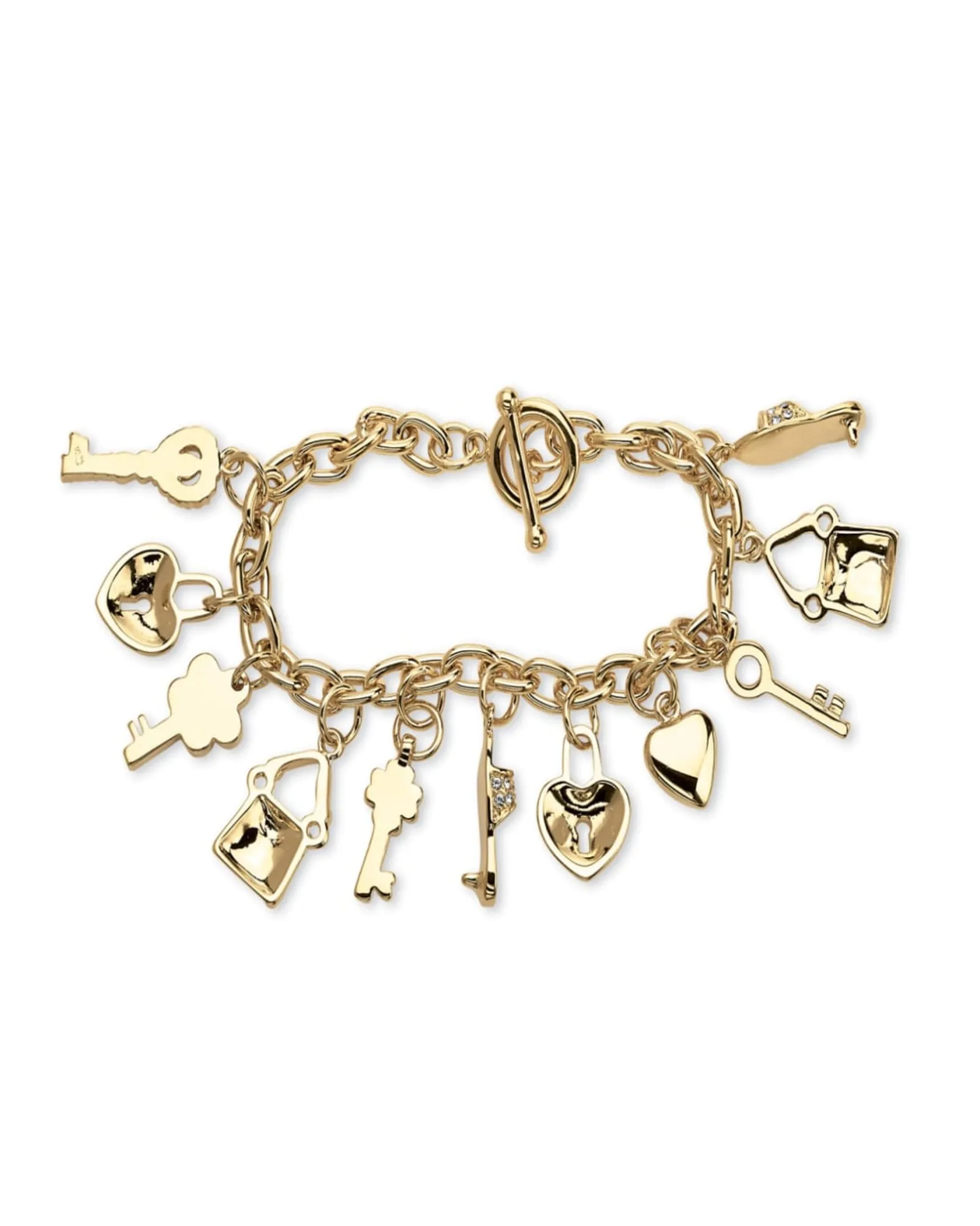 Crystal Yellow Gold-Plated Shoe, Purse, Heart Lock and Key Charm Bracelet | White