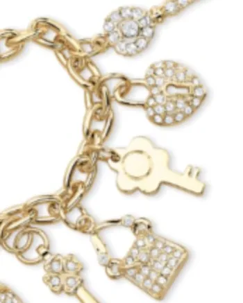 Crystal Yellow Gold-Plated Shoe, Purse, Heart Lock and Key Charm Bracelet | White