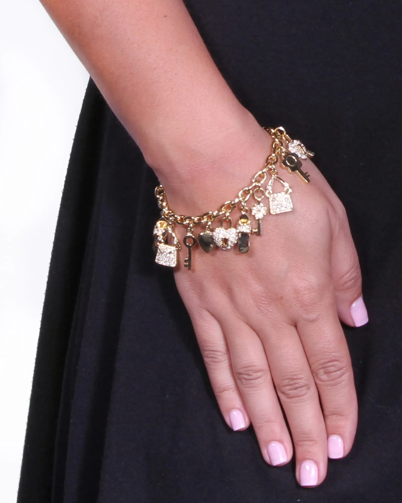 Crystal Yellow Gold-Plated Shoe, Purse, Heart Lock and Key Charm Bracelet | White