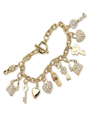 Crystal Yellow Gold-Plated Shoe, Purse, Heart Lock and Key Charm Bracelet | White