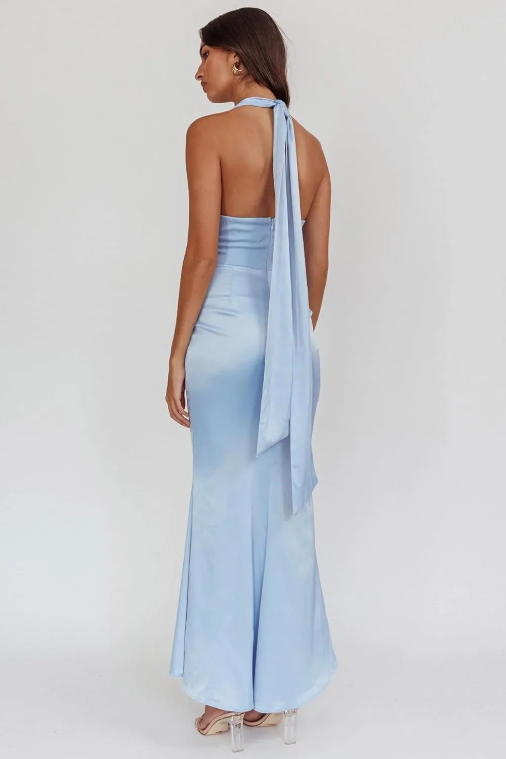 Cudiew Satin Bridesmaid Dresses Deep V Neck Prom Dress for Women Halter Self Tie Backless Formal Evening Party Gown