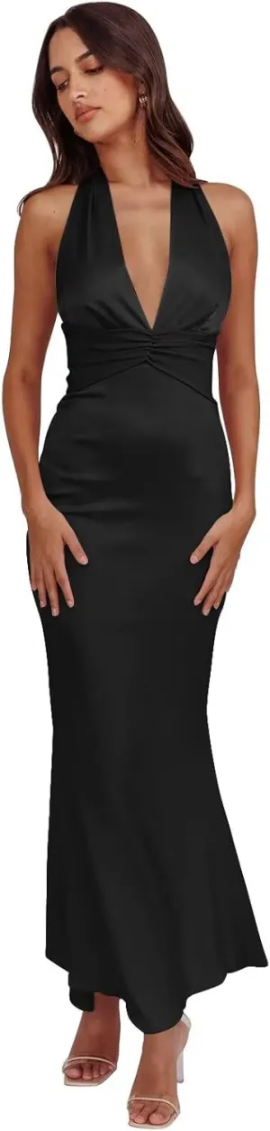 Cudiew Satin Bridesmaid Dresses Deep V Neck Prom Dress for Women Halter Self Tie Backless Formal Evening Party Gown