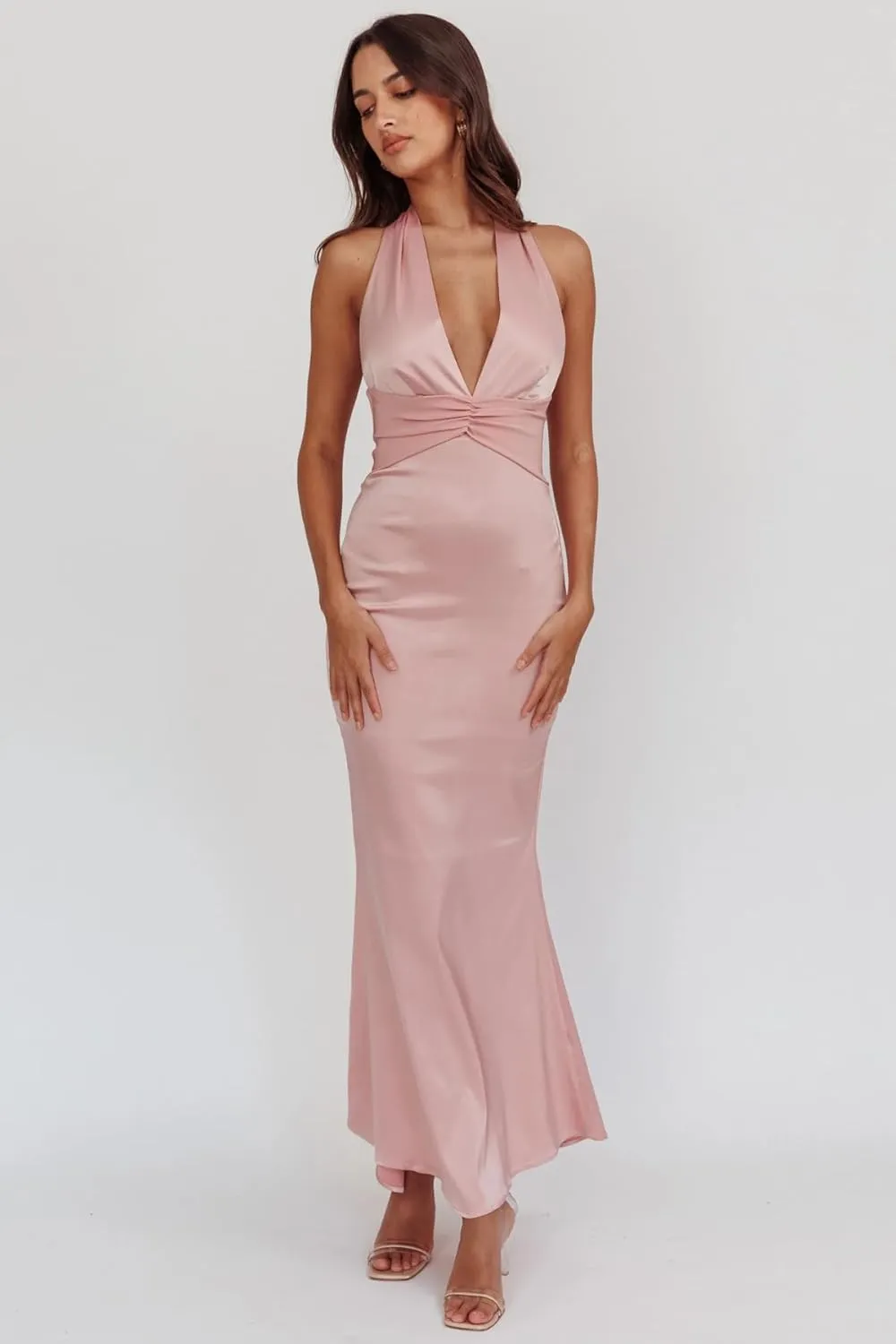 Cudiew Satin Bridesmaid Dresses Deep V Neck Prom Dress for Women Halter Self Tie Backless Formal Evening Party Gown