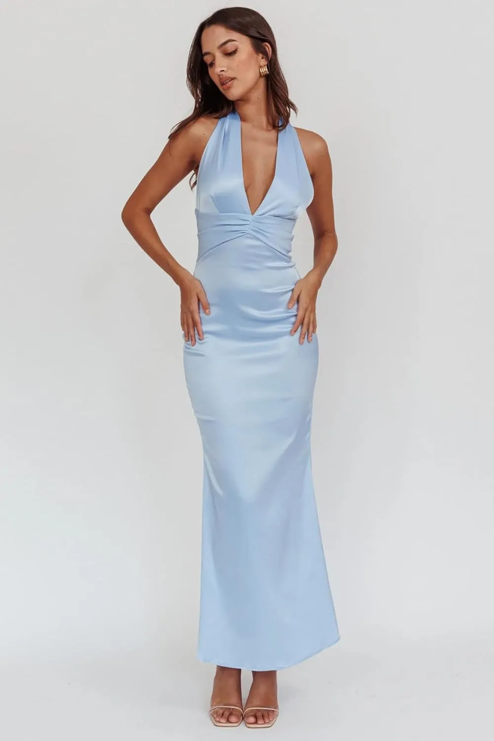 Cudiew Satin Bridesmaid Dresses Deep V Neck Prom Dress for Women Halter Self Tie Backless Formal Evening Party Gown