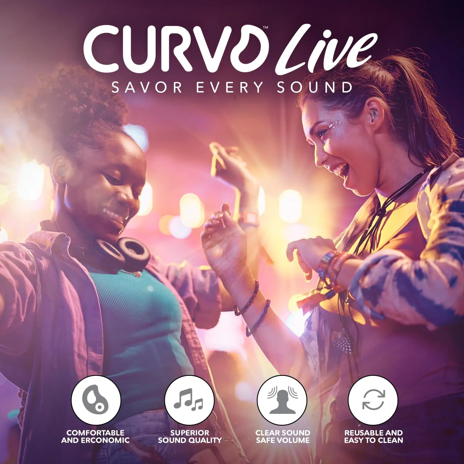 CURVD Live Stylish High-Fidelity Concert Earplugs for Live Events up to19 dB Noise Reduction, 5 Tip Sizes & Carry Case