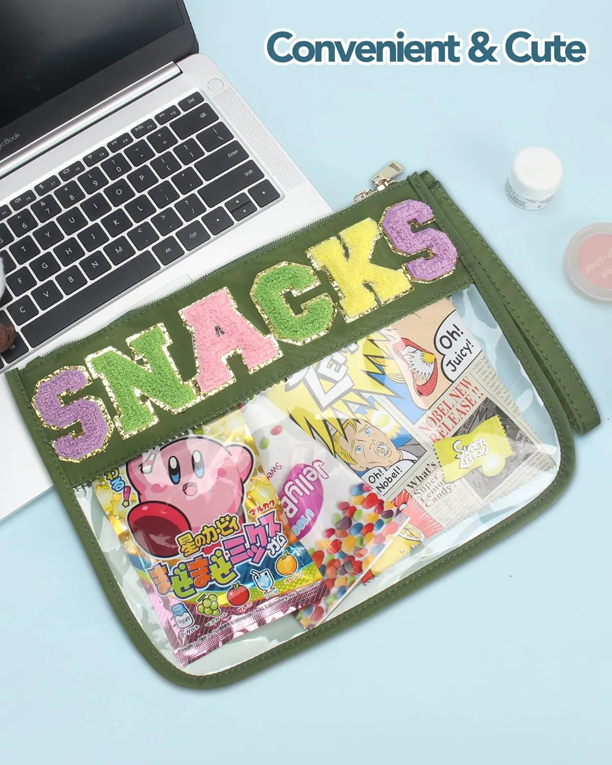 Custom Snack Bag with 52 Pcs Chenille Letter Patches,Preppy Makeup Bag,Clear Zipper Bag Multi-purpose Transparent PVC Pouch,Monogram DIY Stadium Purse Organizer Pouch with Wrist Strap(Green)