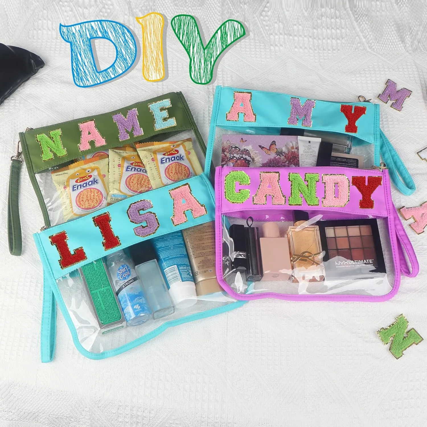 Custom Snack Bag with 52 Pcs Chenille Letter Patches,Preppy Makeup Bag,Clear Zipper Bag Multi-purpose Transparent PVC Pouch,Monogram DIY Stadium Purse Organizer Pouch with Wrist Strap(Green)