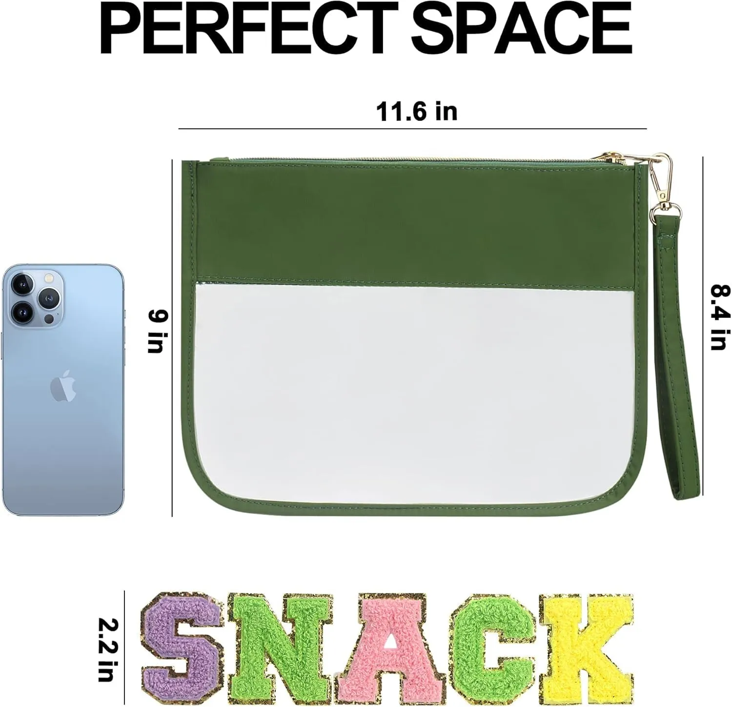 Custom Snack Bag with 52 Pcs Chenille Letter Patches,Preppy Makeup Bag,Clear Zipper Bag Multi-purpose Transparent PVC Pouch,Monogram DIY Stadium Purse Organizer Pouch with Wrist Strap(Green)