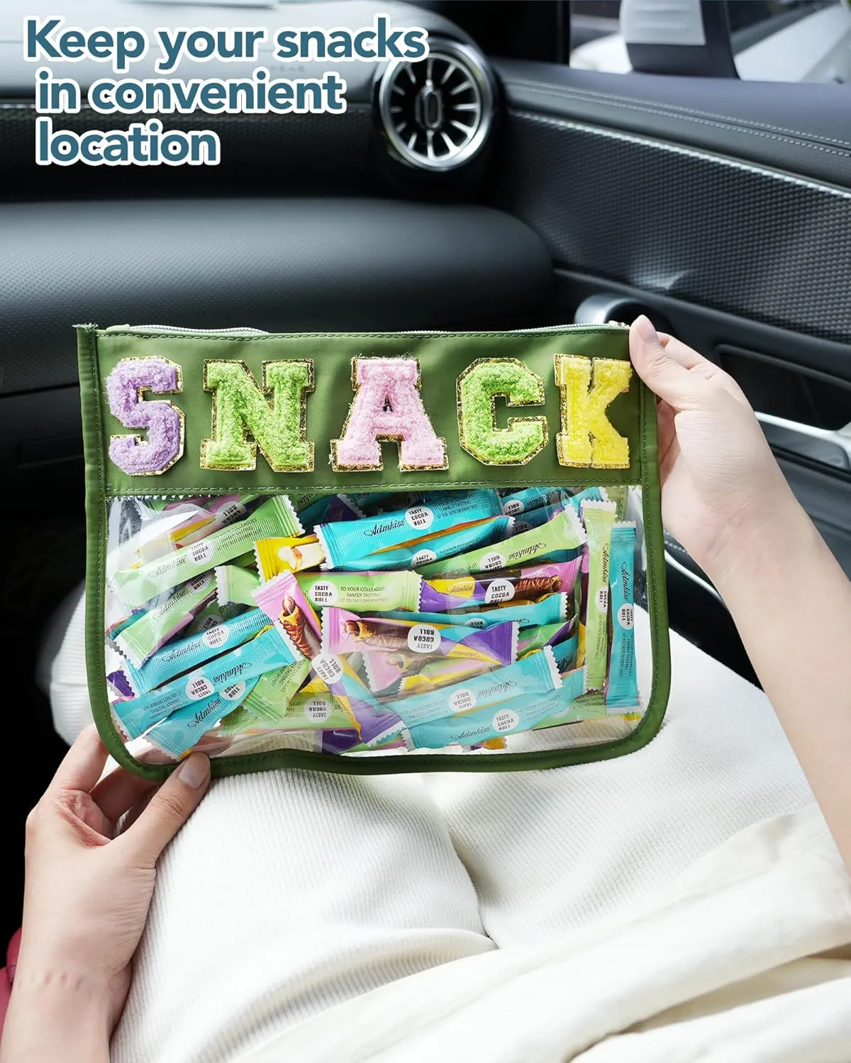 Custom Snack Bag with 52 Pcs Chenille Letter Patches,Preppy Makeup Bag,Clear Zipper Bag Multi-purpose Transparent PVC Pouch,Monogram DIY Stadium Purse Organizer Pouch with Wrist Strap(Green)