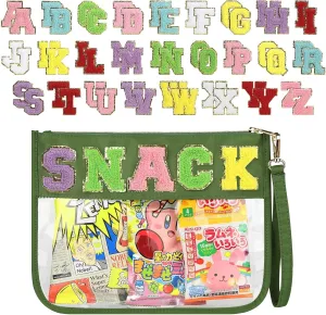 Custom Snack Bag with 52 Pcs Chenille Letter Patches,Preppy Makeup Bag,Clear Zipper Bag Multi-purpose Transparent PVC Pouch,Monogram DIY Stadium Purse Organizer Pouch with Wrist Strap(Green)