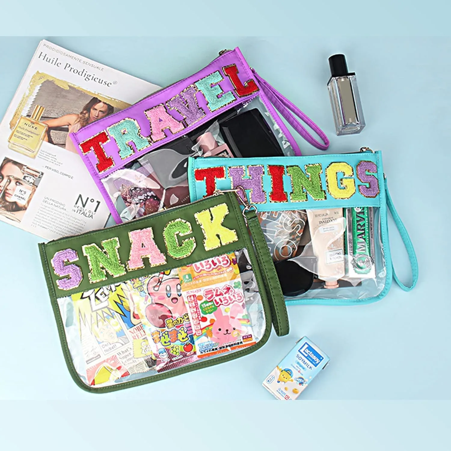 Custom Snack Bag with 52 Pcs Chenille Letter Patches,Preppy Makeup Bag,Clear Zipper Bag Multi-purpose Transparent PVC Pouch,Monogram DIY Stadium Purse Organizer Pouch with Wrist Strap(Green)