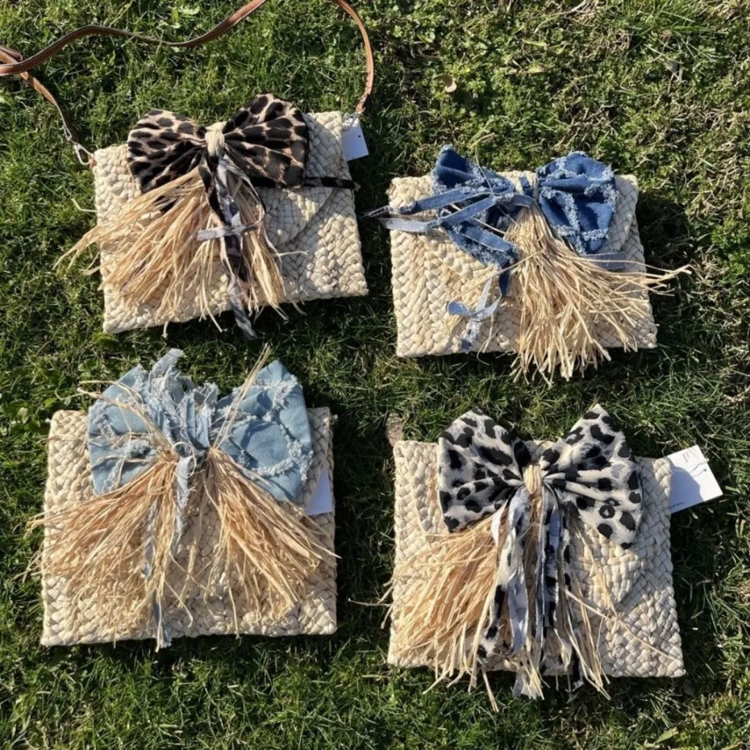 Cute Jeans Straw Clutch with Bow