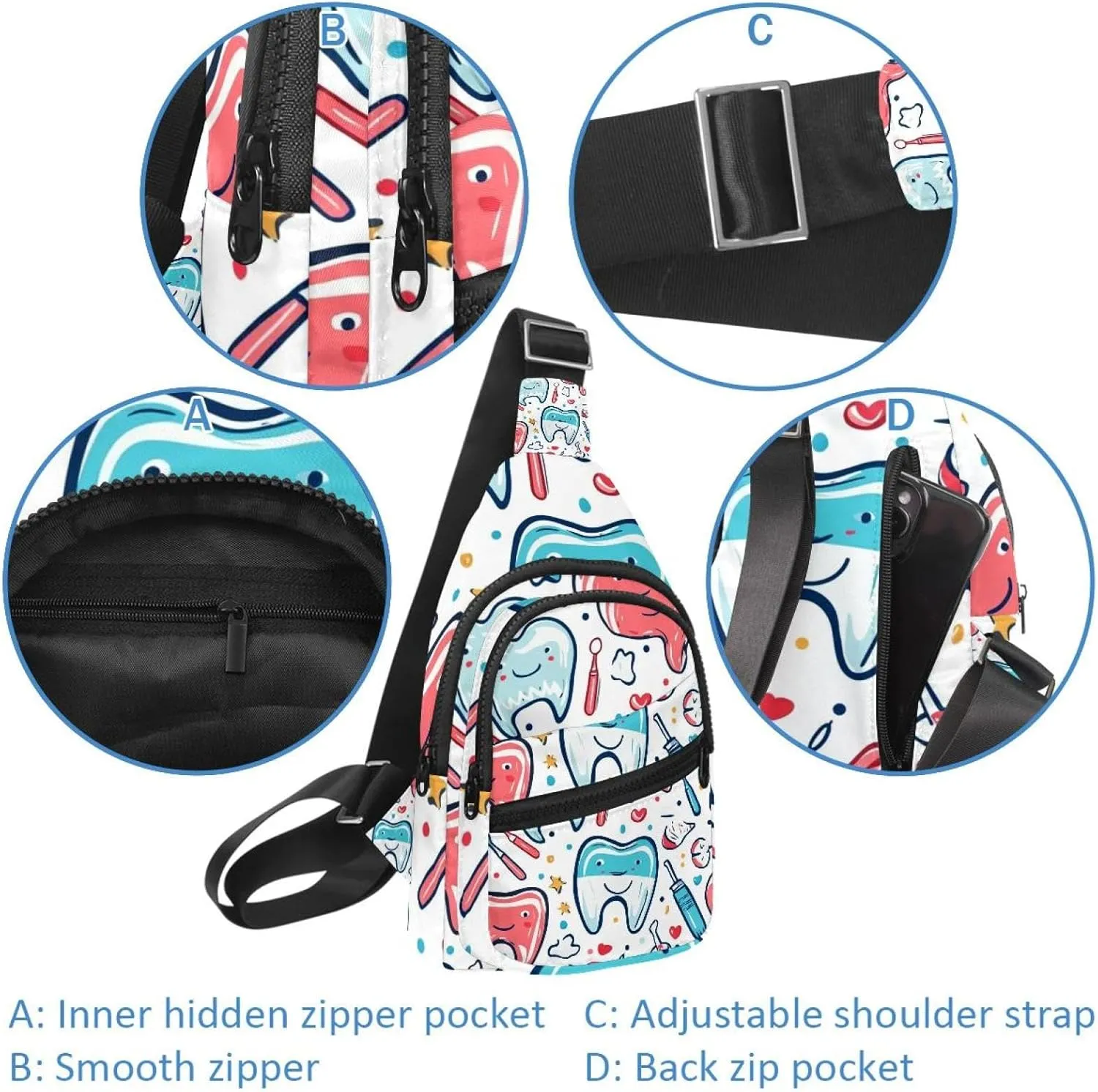 Cute Teeth Sling Bag, Crossbody Sling Backpack Travel Hiking Chest Bag Daypack for Purses Shoulder Bag Women Men's