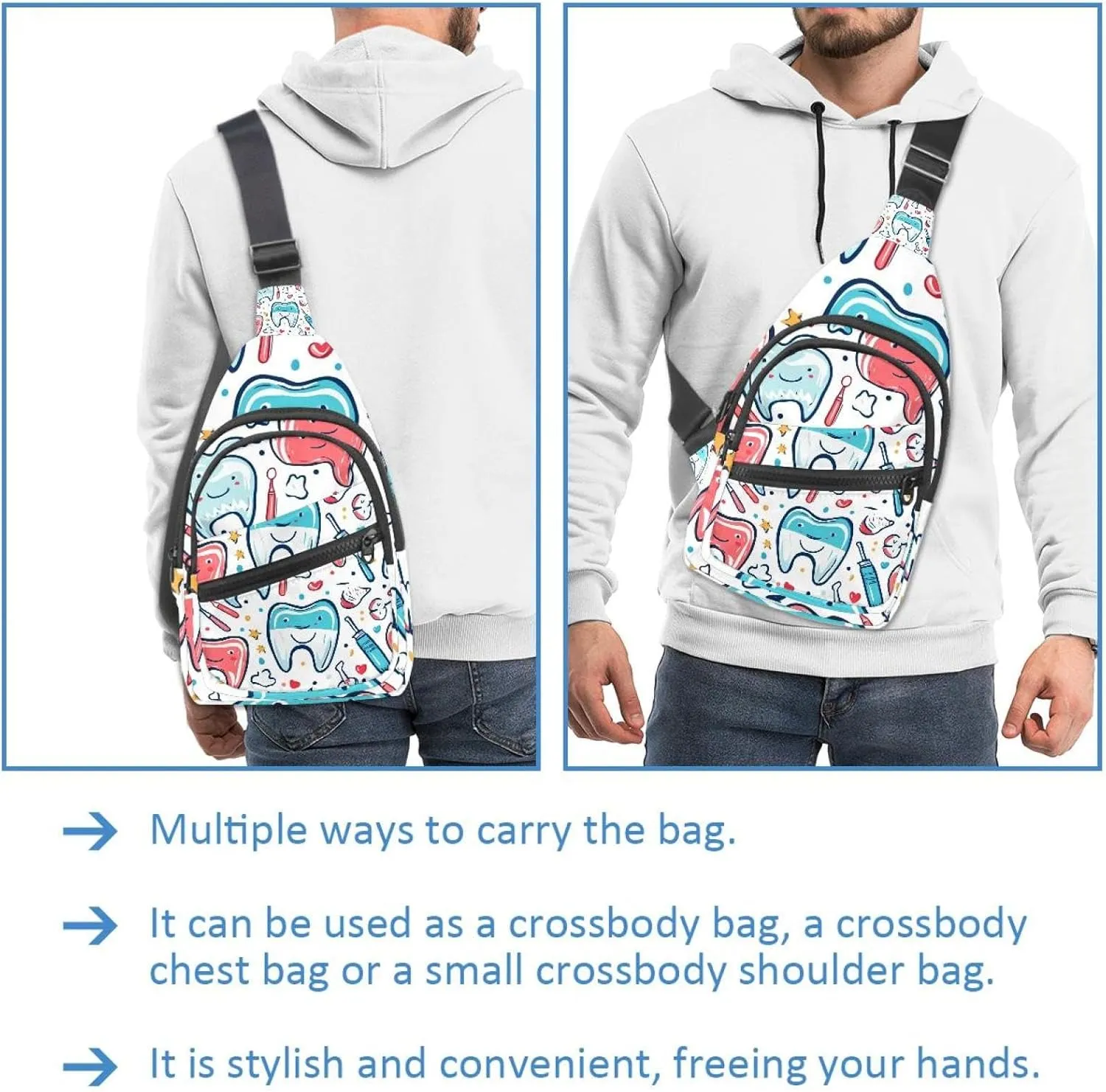 Cute Teeth Sling Bag, Crossbody Sling Backpack Travel Hiking Chest Bag Daypack for Purses Shoulder Bag Women Men's