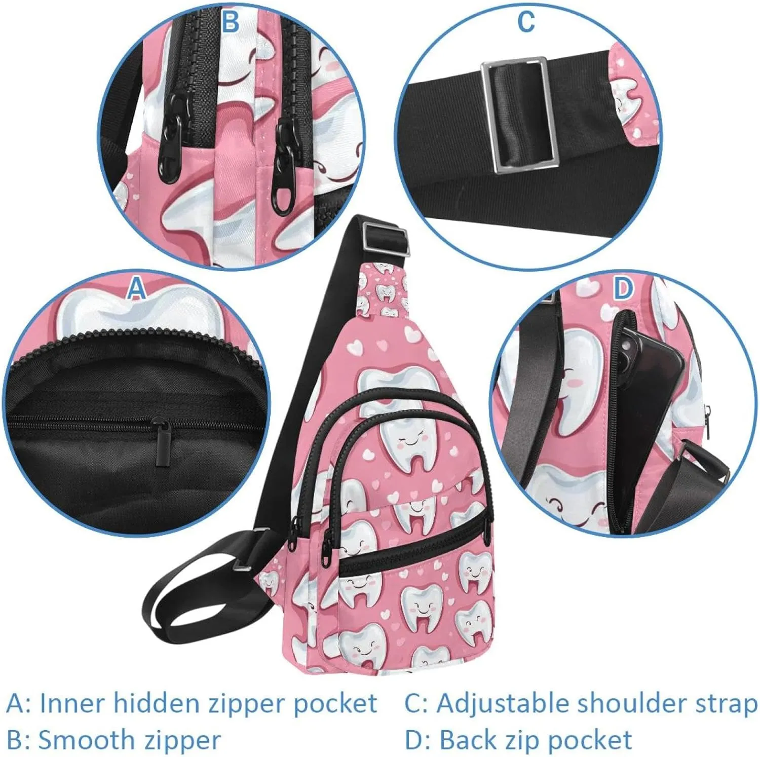 Cute Teeth Sling Bag, Crossbody Sling Backpack Travel Hiking Chest Bag Daypack for Purses Shoulder Bag Women Men's