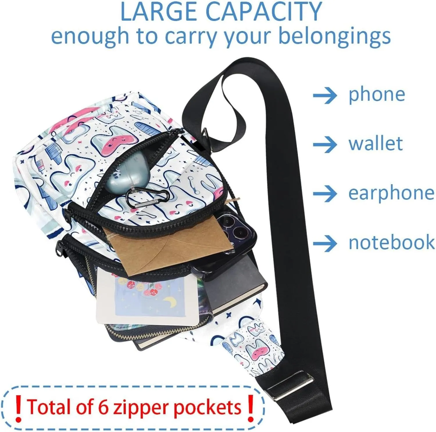 Cute Teeth Sling Bag, Crossbody Sling Backpack Travel Hiking Chest Bag Daypack for Purses Shoulder Bag Women Men's