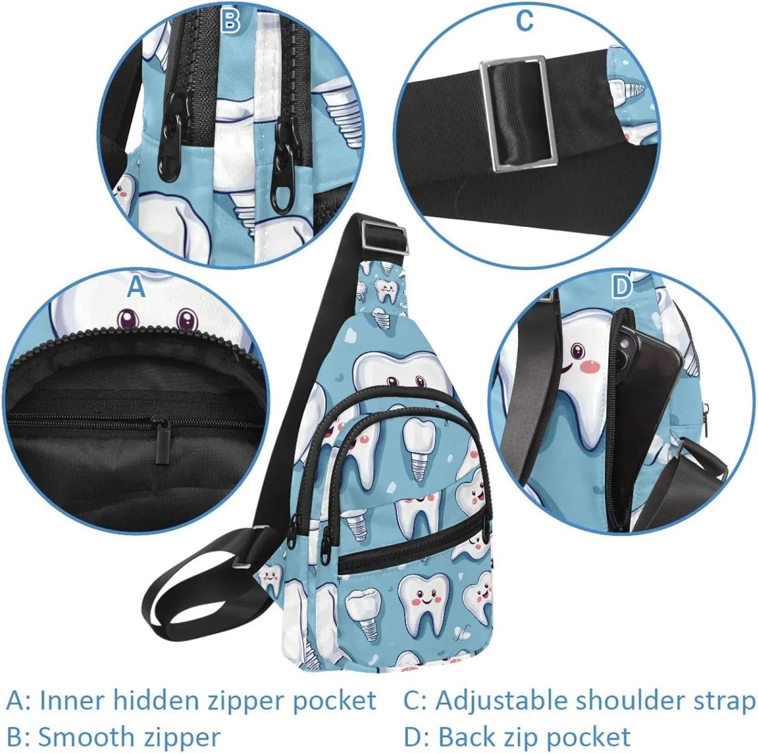 Cute Teeth Sling Bag, Crossbody Sling Backpack Travel Hiking Chest Bag Daypack for Purses Shoulder Bag Women Men's