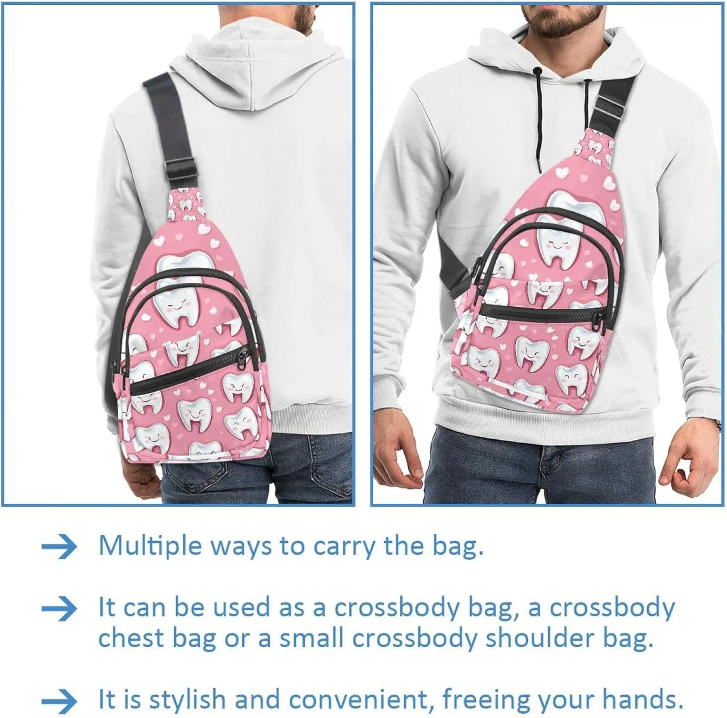 Cute Teeth Sling Bag, Crossbody Sling Backpack Travel Hiking Chest Bag Daypack for Purses Shoulder Bag Women Men's