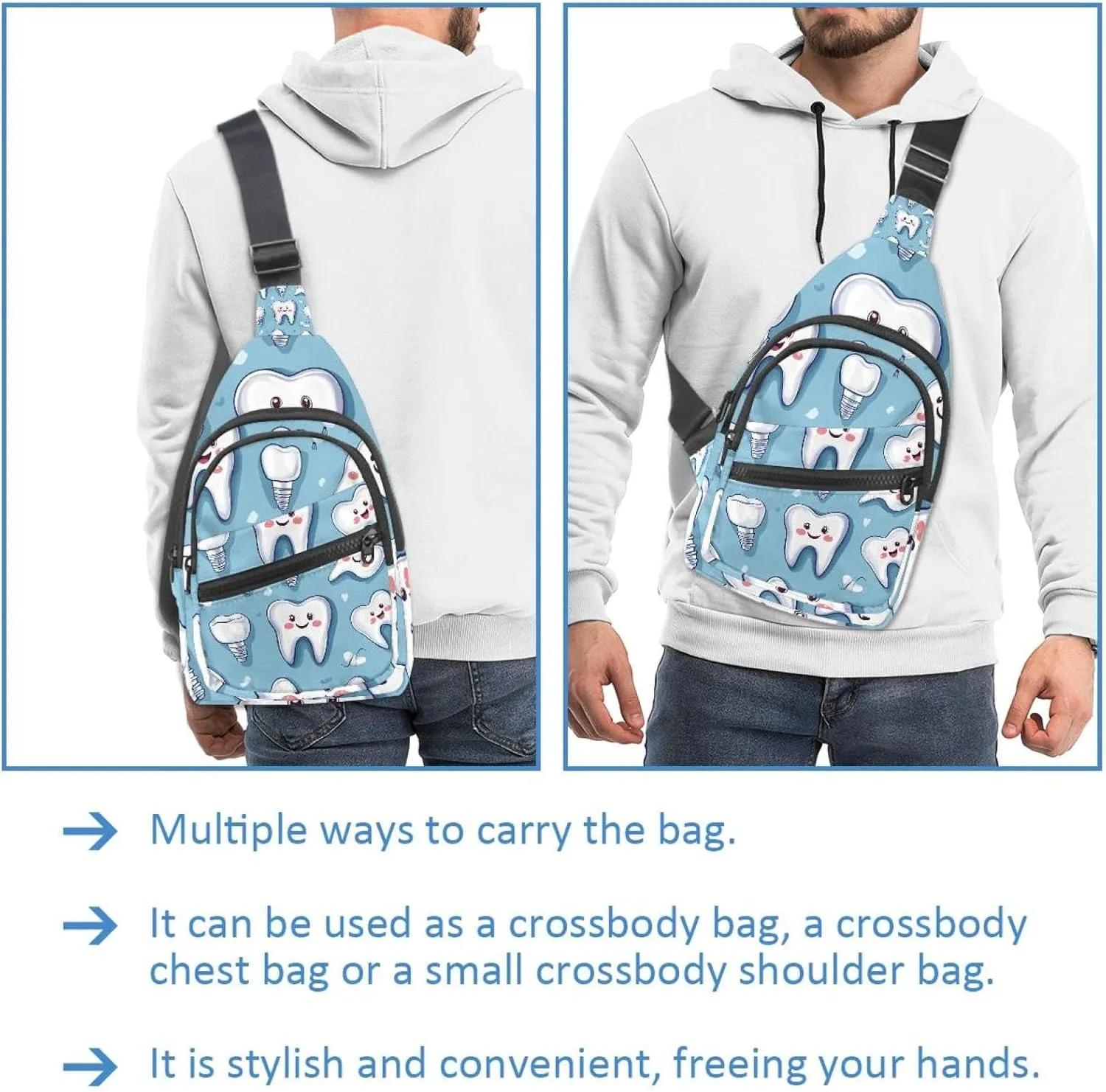 Cute Teeth Sling Bag, Crossbody Sling Backpack Travel Hiking Chest Bag Daypack for Purses Shoulder Bag Women Men's