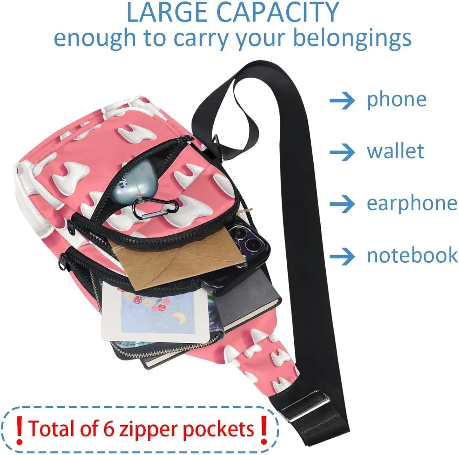 Cute Teeth Sling Bag, Crossbody Sling Backpack Travel Hiking Chest Bag Daypack for Purses Shoulder Bag Women Men's