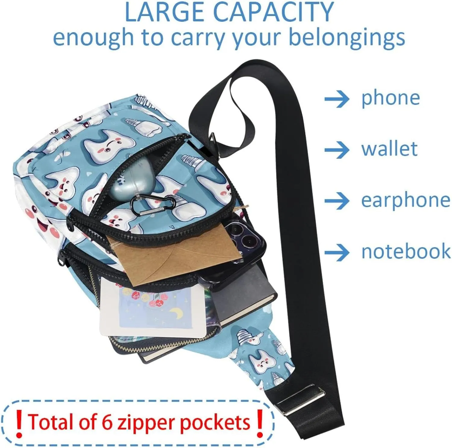 Cute Teeth Sling Bag, Crossbody Sling Backpack Travel Hiking Chest Bag Daypack for Purses Shoulder Bag Women Men's