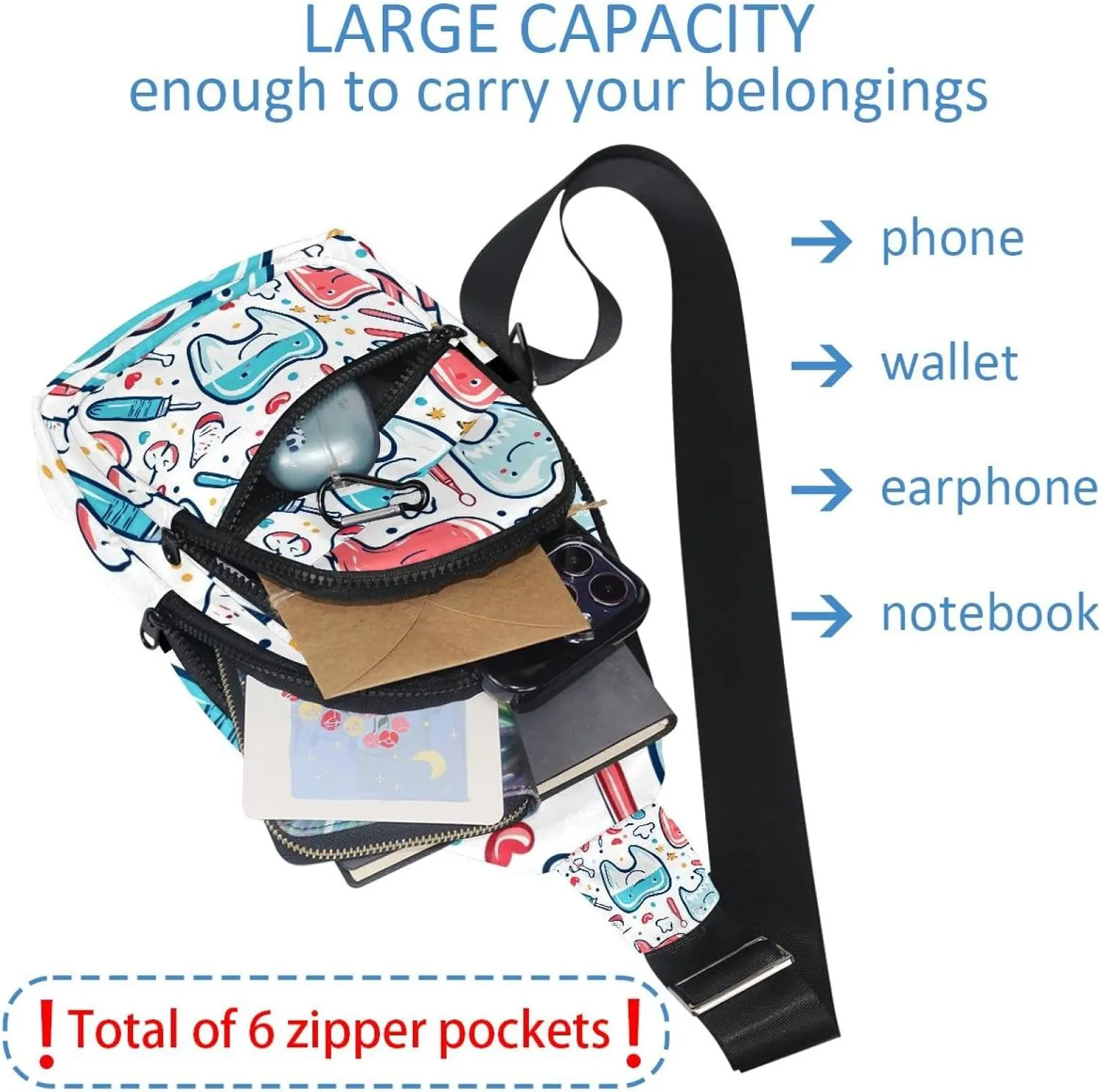 Cute Teeth Sling Bag, Crossbody Sling Backpack Travel Hiking Chest Bag Daypack for Purses Shoulder Bag Women Men's