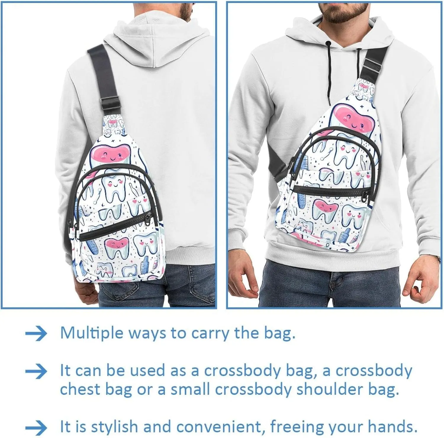 Cute Teeth Sling Bag, Crossbody Sling Backpack Travel Hiking Chest Bag Daypack for Purses Shoulder Bag Women Men's