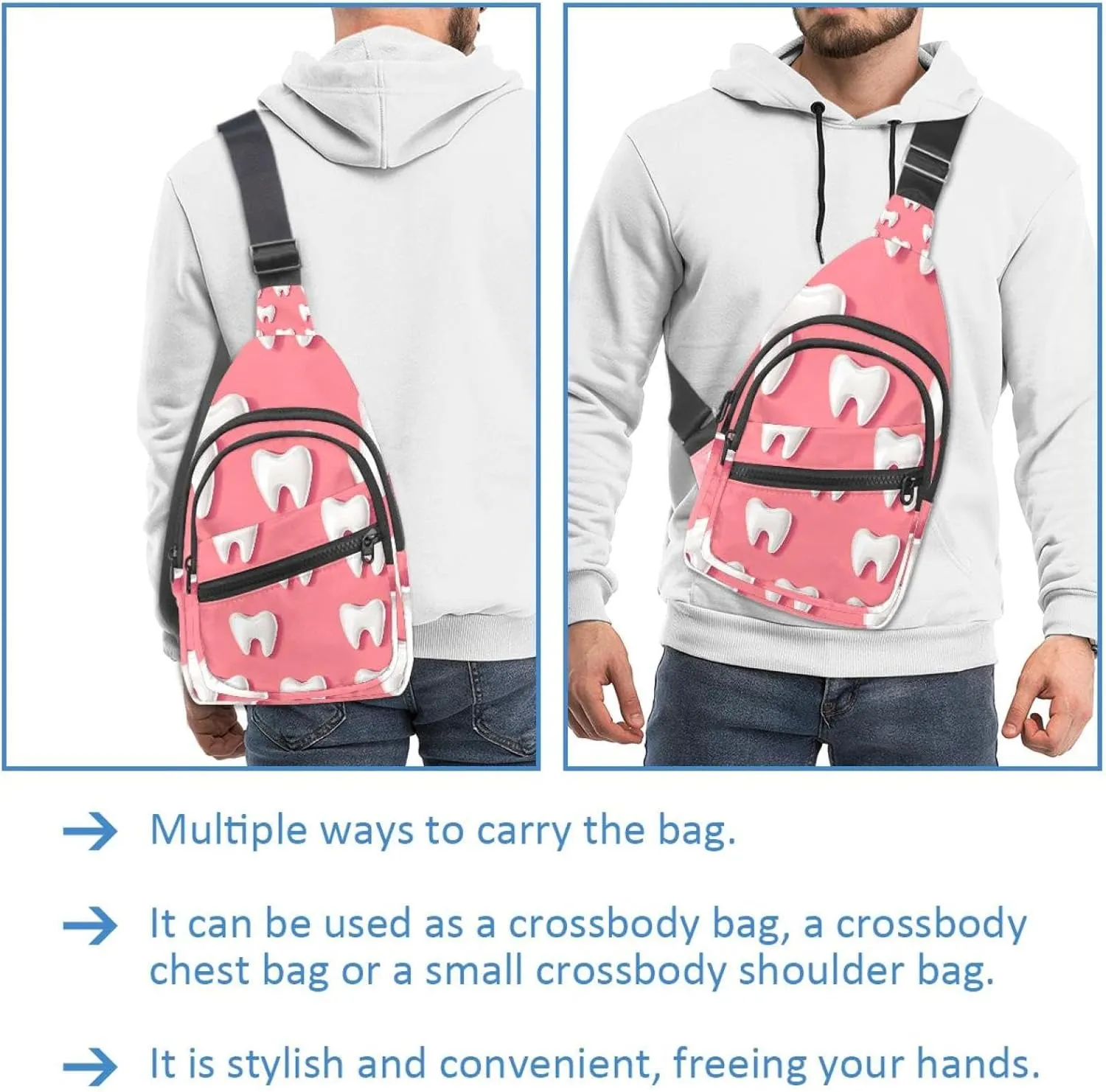 Cute Teeth Sling Bag, Crossbody Sling Backpack Travel Hiking Chest Bag Daypack for Purses Shoulder Bag Women Men's