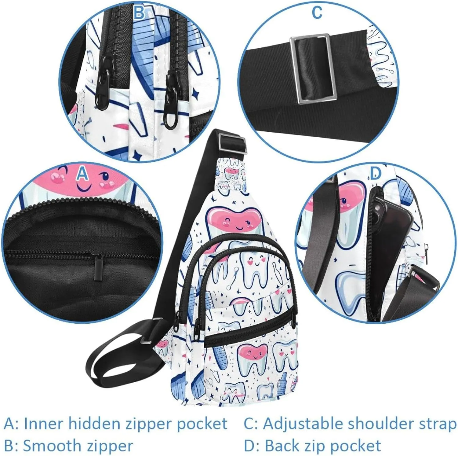 Cute Teeth Sling Bag, Crossbody Sling Backpack Travel Hiking Chest Bag Daypack for Purses Shoulder Bag Women Men's