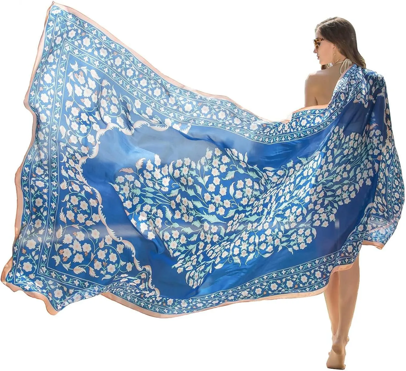 DANA XU 100% Mulberry Satin Silk Summer Travel Scarf Extra Large Women Floral Shawl Oversize Soft Wraps For Evening Dresses