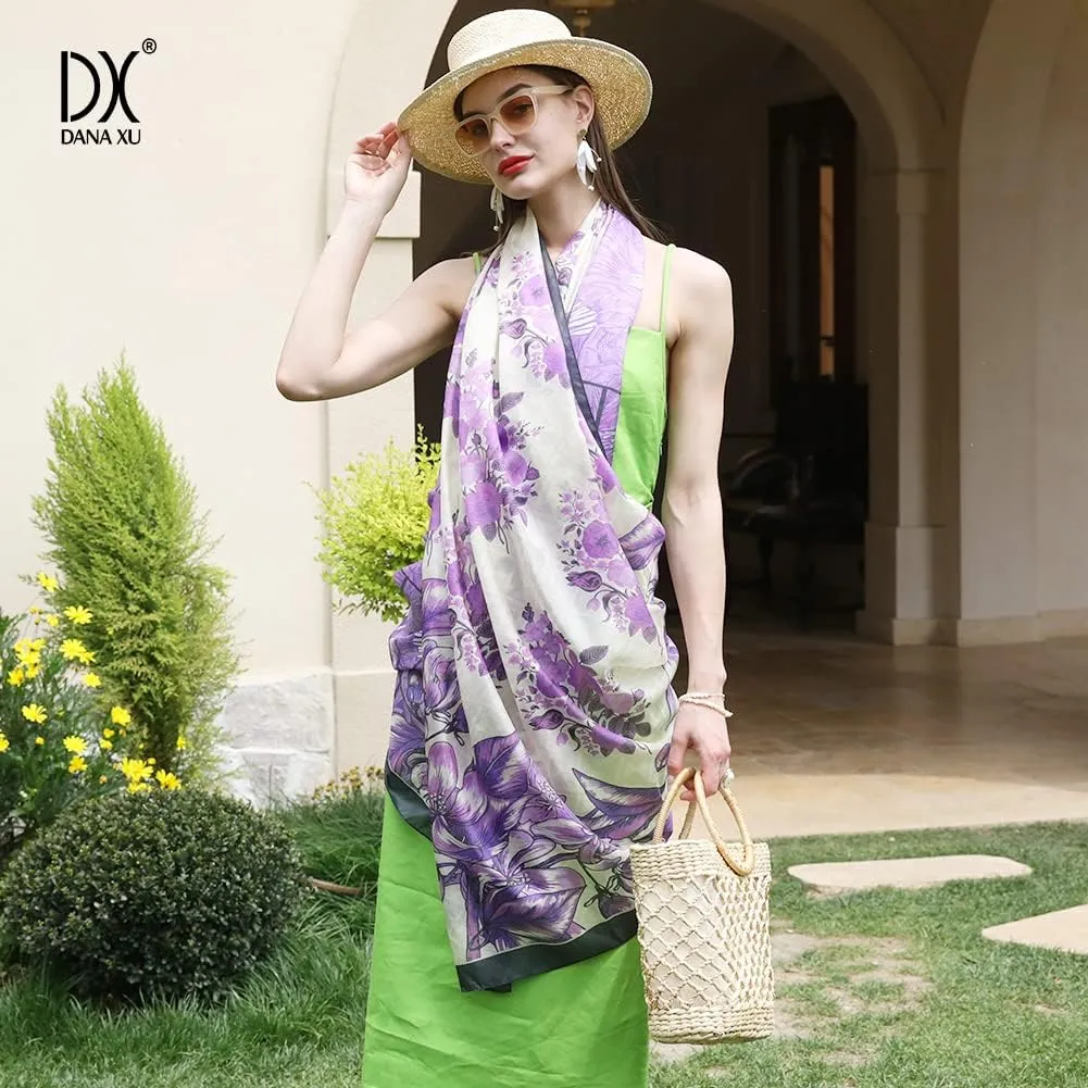 DANA XU 100% Mulberry Satin Silk Summer Travel Scarf Extra Large Women Floral Shawl Oversize Soft Wraps For Evening Dresses