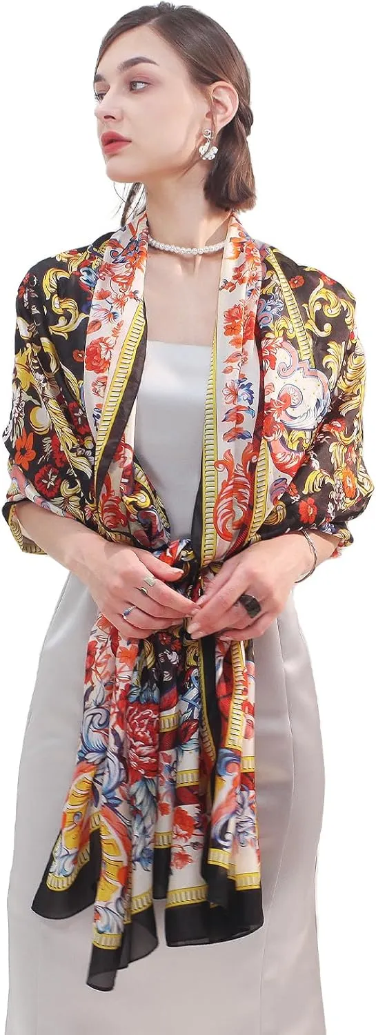 DANA XU 100% Mulberry Satin Silk Summer Travel Scarf Extra Large Women Floral Shawl Oversize Soft Wraps For Evening Dresses