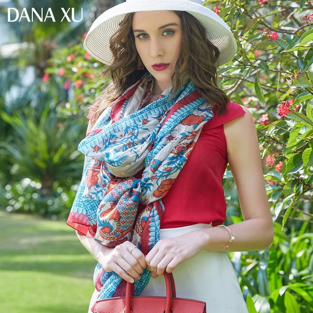 DANA XU 100% Mulberry Satin Silk Summer Travel Scarf Extra Large Women Floral Shawl Oversize Soft Wraps For Evening Dresses