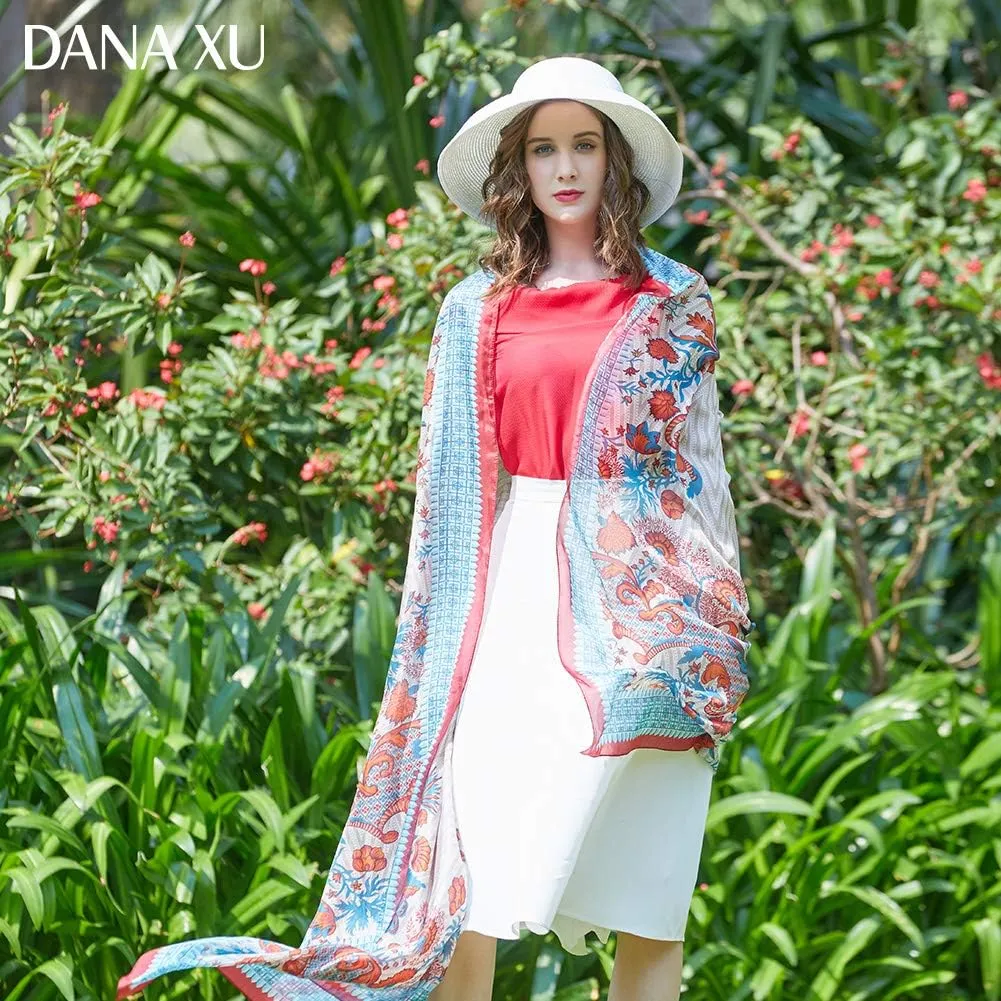 DANA XU 100% Mulberry Satin Silk Summer Travel Scarf Extra Large Women Floral Shawl Oversize Soft Wraps For Evening Dresses