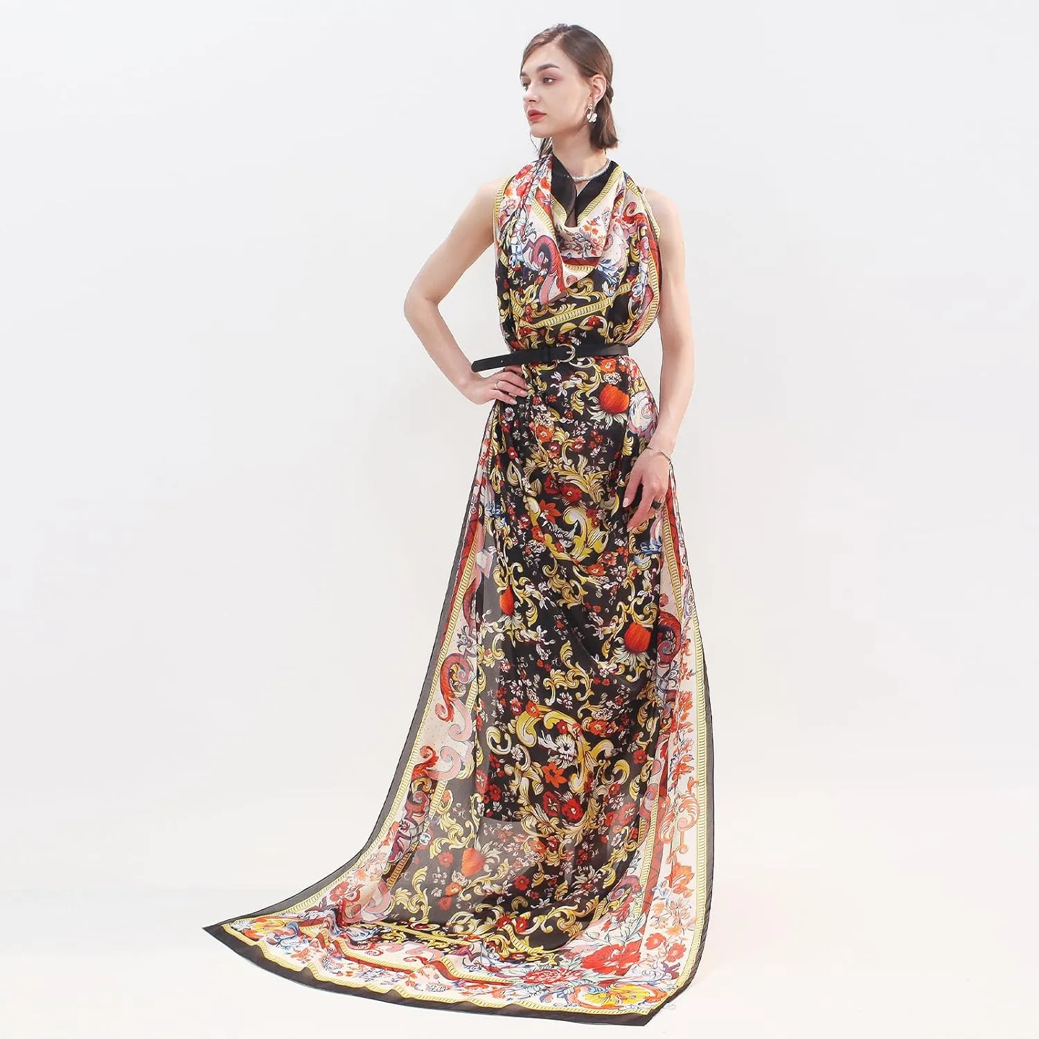 DANA XU 100% Mulberry Satin Silk Summer Travel Scarf Extra Large Women Floral Shawl Oversize Soft Wraps For Evening Dresses