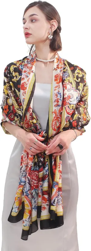 DANA XU 100% Mulberry Satin Silk Summer Travel Scarf Extra Large Women Floral Shawl Oversize Soft Wraps For Evening Dresses