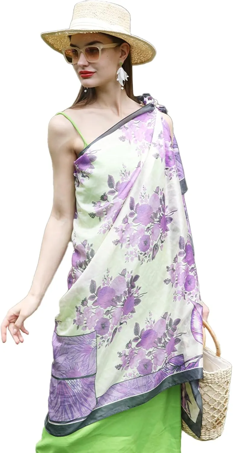 DANA XU 100% Mulberry Satin Silk Summer Travel Scarf Extra Large Women Floral Shawl Oversize Soft Wraps For Evening Dresses