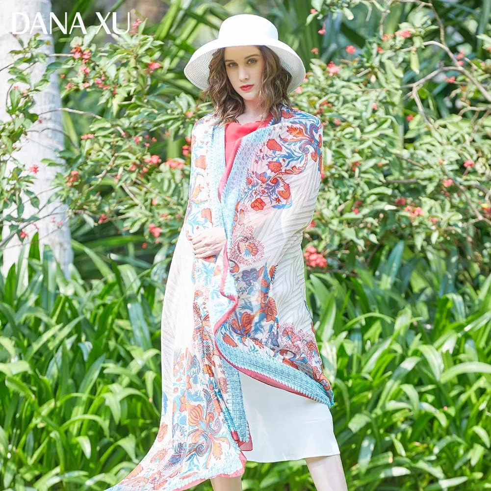 DANA XU 100% Mulberry Satin Silk Summer Travel Scarf Extra Large Women Floral Shawl Oversize Soft Wraps For Evening Dresses